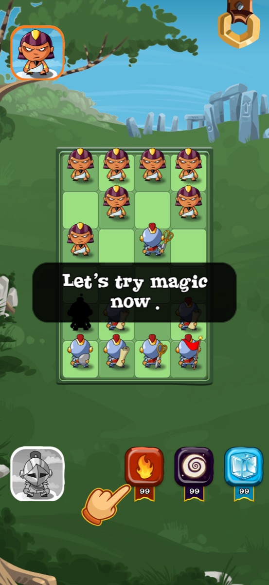 A Battle Board 8.4.2 tutorial tip pointing at the magic button during a campaign level
